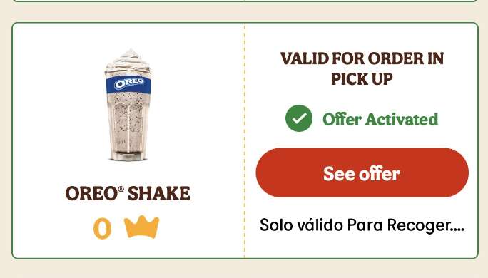 Oreo Shake gratis Compra mínima 2€ - Nuevas cuentas - Burger King