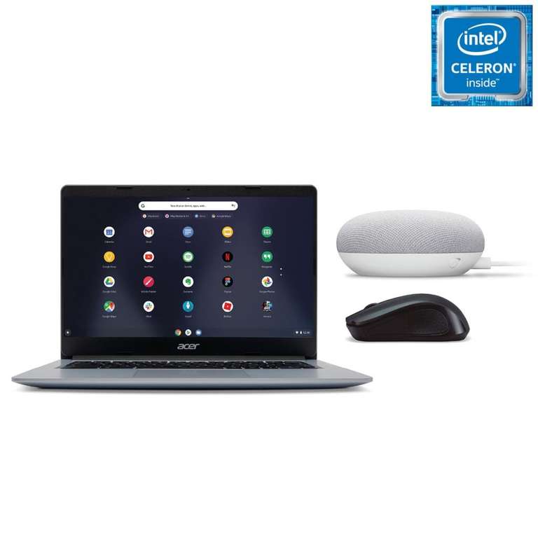 Chromebook portátil Acer CB 314-2H-K12K, Intel Celeron, 4GB, 64GB + Google Nest Mini tiza+ ratón Acer inalámbrico