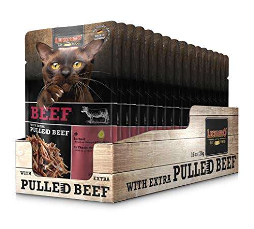 Leonardo Bolsas [16x70g Ternera con Extra de Ternera desmenuzada] Pulled Beef | Alimento húmedo sin Cereales Gatos | Alimento Completo Gatos
