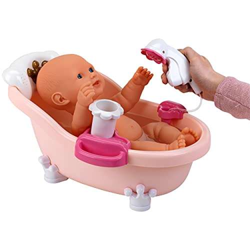 Theo Klein 1665 Baby Coralie Bañera y accesorios I Bañera para muñecas con luz y sonido I Espuma divertida y función de ducha