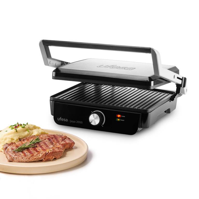 Ufesa Grill Eléctrico Jaya 2000W – Sandwichera, Plancha Cocina Eléctrica y Parrilla, Apertura 180º