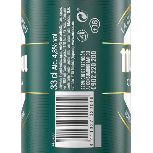 Mahou Clásica Cerveza Dorada Lager, Auténtica Cerveza Mahou Con Sabor Suave, 4.8% Vol. Alcohol, Pack 28 Latas x 33cl