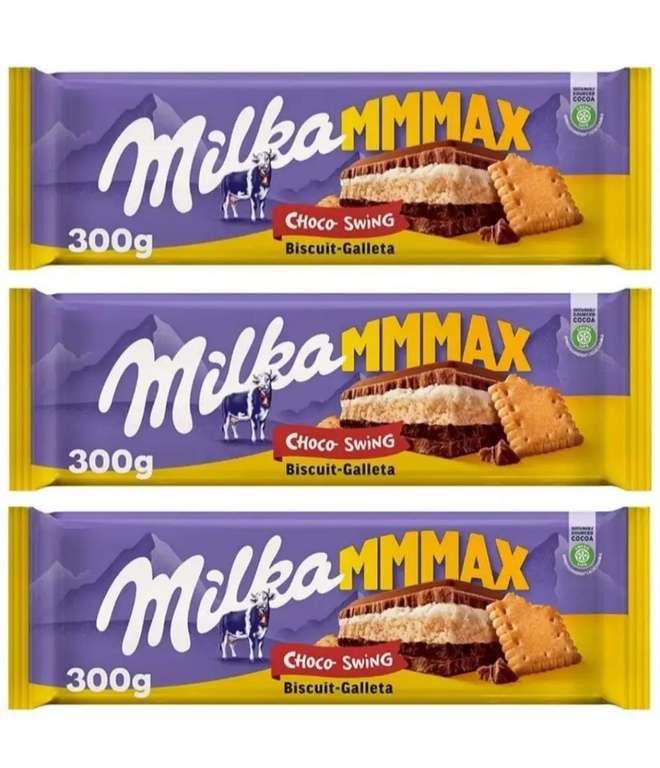 3 x Milka MMMAX Choco Swing Tableta Grande Chocolate con Leche con Galleta, Relleno de Crema de Leche y Cacao 300g [Unidad 1'96€]