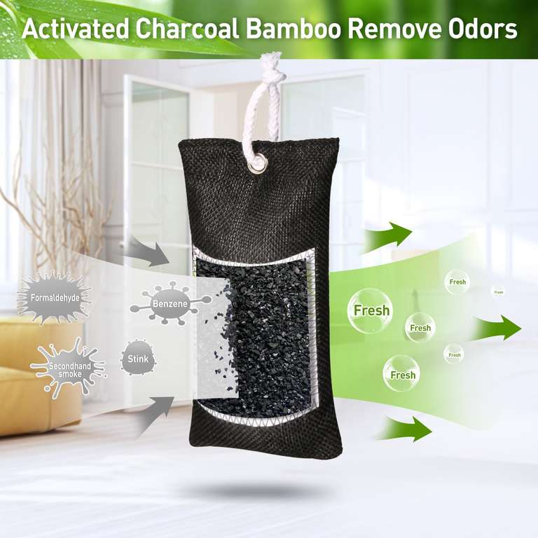 4 x Bolsa de limpieza de aire fresco natural con eliminador de olores de carbón de bambú para el hogar, coche, armario y áreas de mascotas