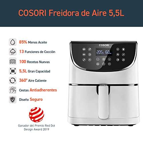 COSORI Freidora sin Aceite 5.5 L, 11 programas, 100 recetas en español, con función Mantener Caliente,1700 W, blanca