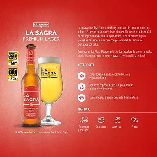 Pack Cerveza La Sagra Premium Lager 4 botellas 33cl + vaso 1/2 pinta, 3.42 kg