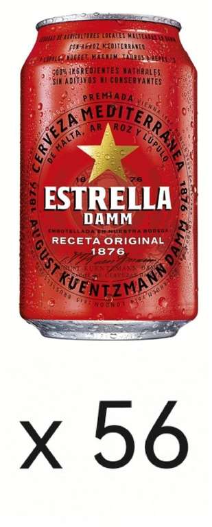 56 latas de Estrella Damm Cerveza rubia mediterránea de malta, arroz y lúpulo lata 33 cl [Click & Car gratis]