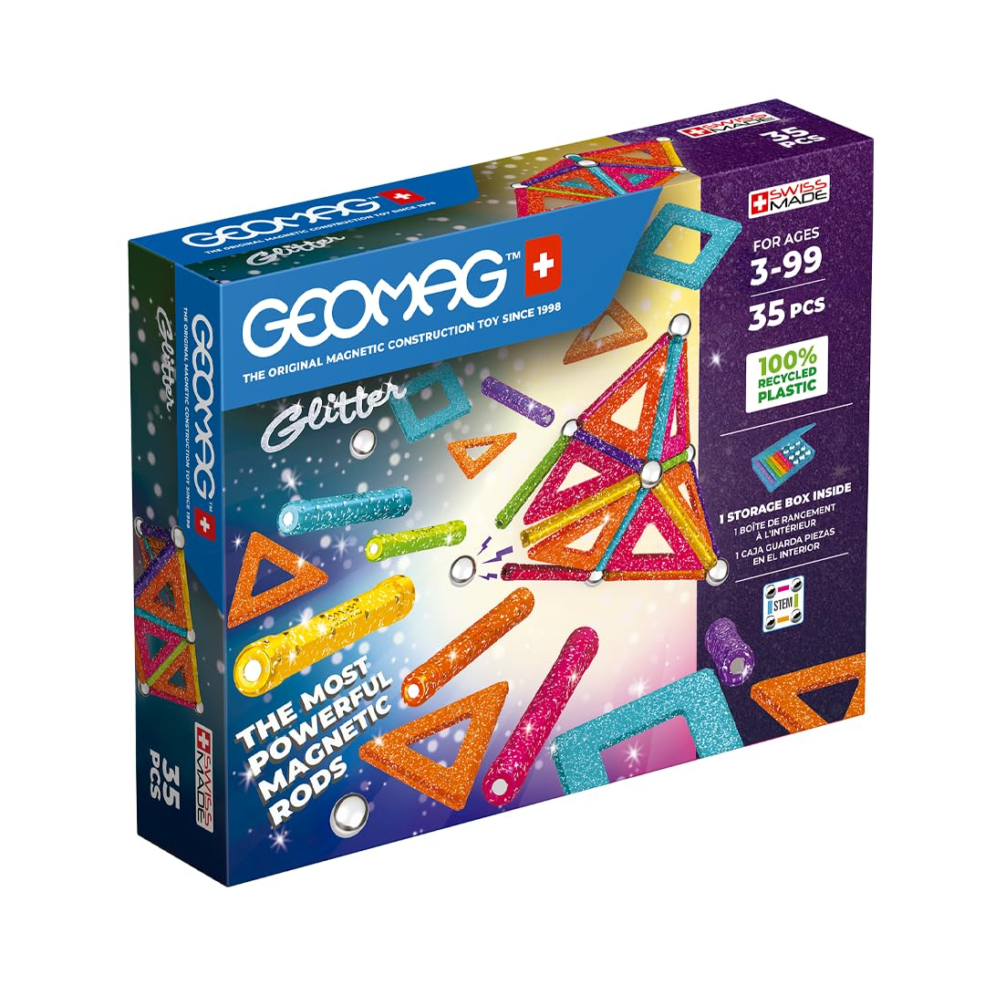Geomag, Glitter Recycled, Construcciones Magnéticas Efecto Glitter, Barras Magnéticas Luminosas de Colores, Paquete de 35 Piez