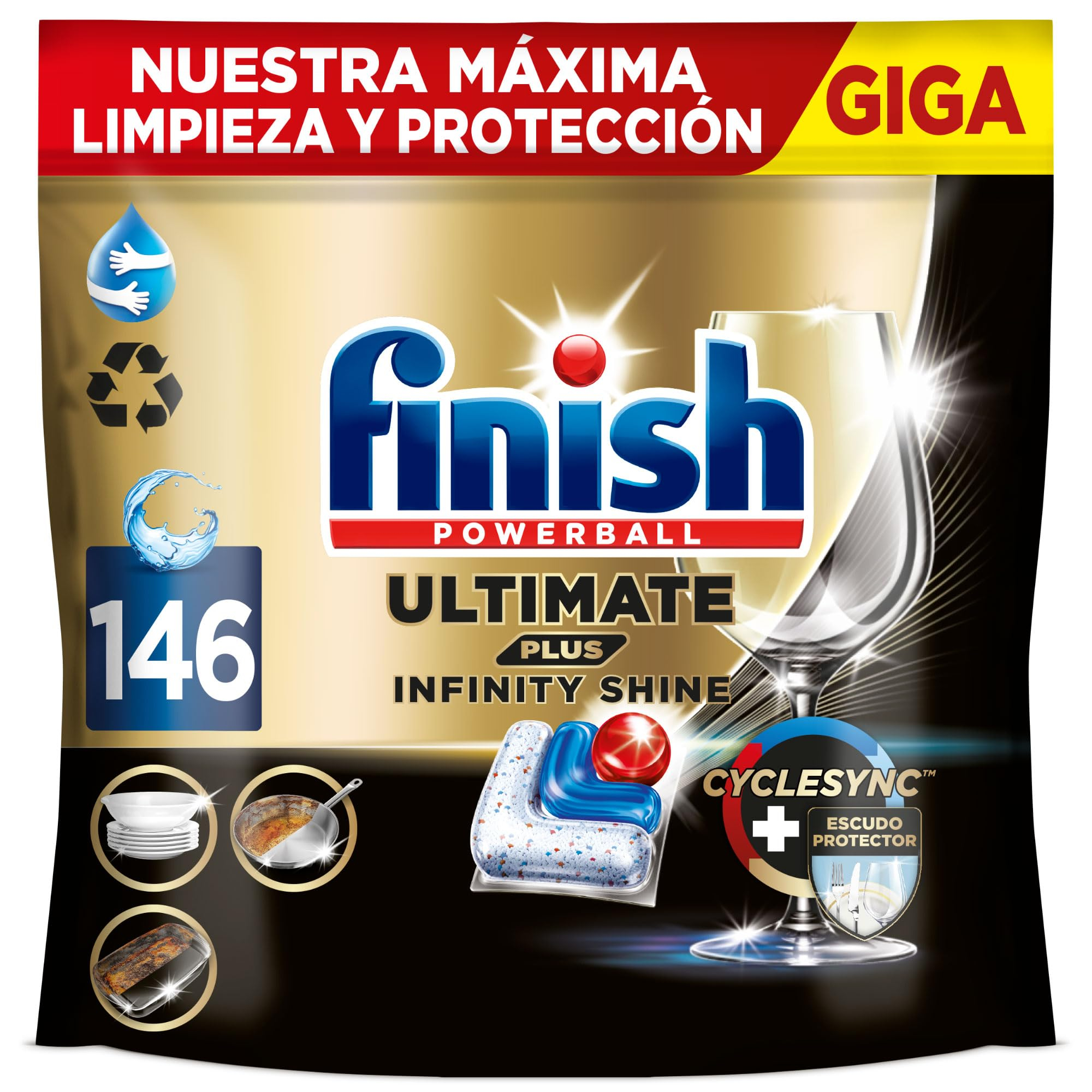 146 Pastillas Finish Ultimate Plus Infinity Shine, Pastillas para el Lavavajillas (0,15€/cápsula)