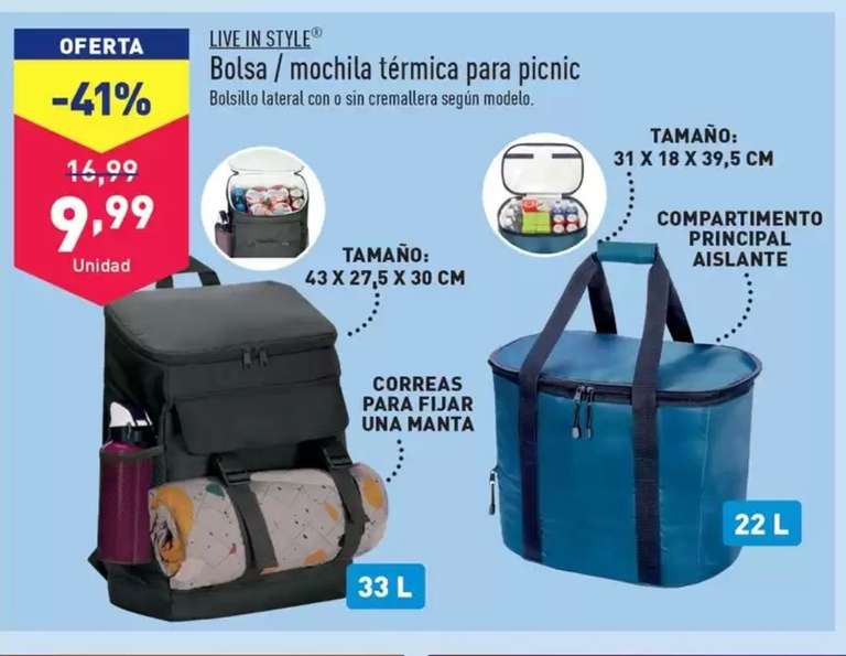 Bolsa / mochila térmica para picnic de 33 y 22 litros (desde el sábado 15/06 hasta el martes 18/06 en tienda física ALDI-Toda España)