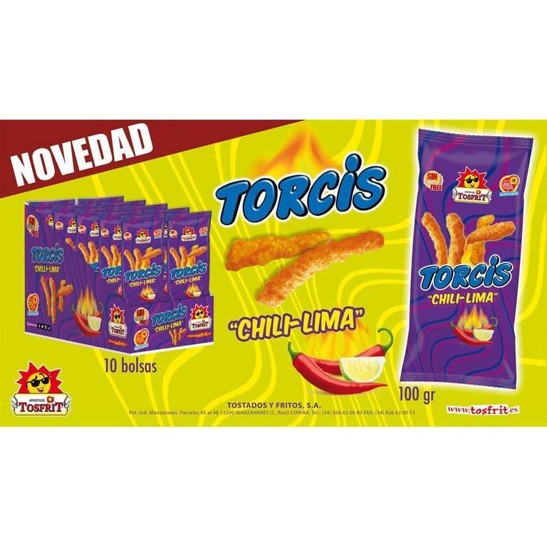 Tosfrit TORCIS CHILI - LIMA - Palito de maíz frito sabor chili-lima en caja de 10 unidades de 100 gr cada bolsa (0,78€ cada bolsa de 100gr)