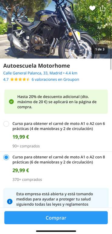 Carnet de moto A1/A2 - Matrícula + 8 clases prácticas (6 de maniobra y 2 de circulación por 16,99€)