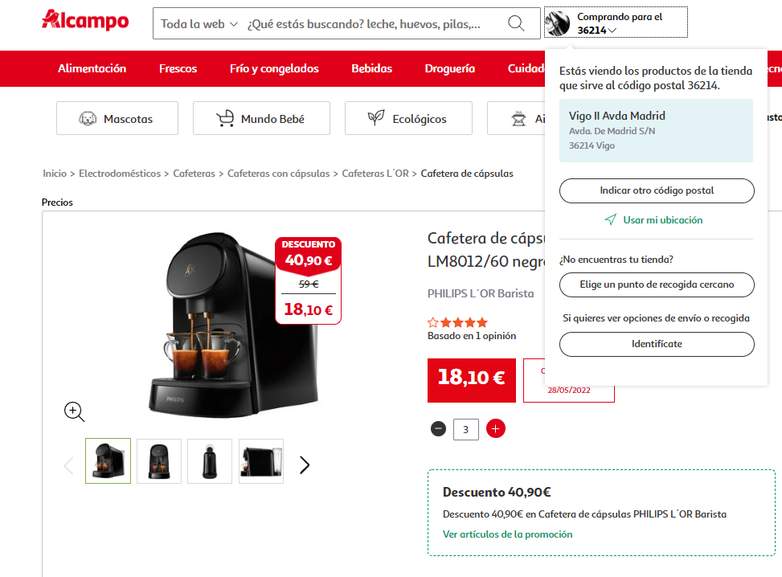 Cafetera de cápsulas PHILIPS L´OR Barista LM8012/60 | AlCampo Vigo II »  Chollometro