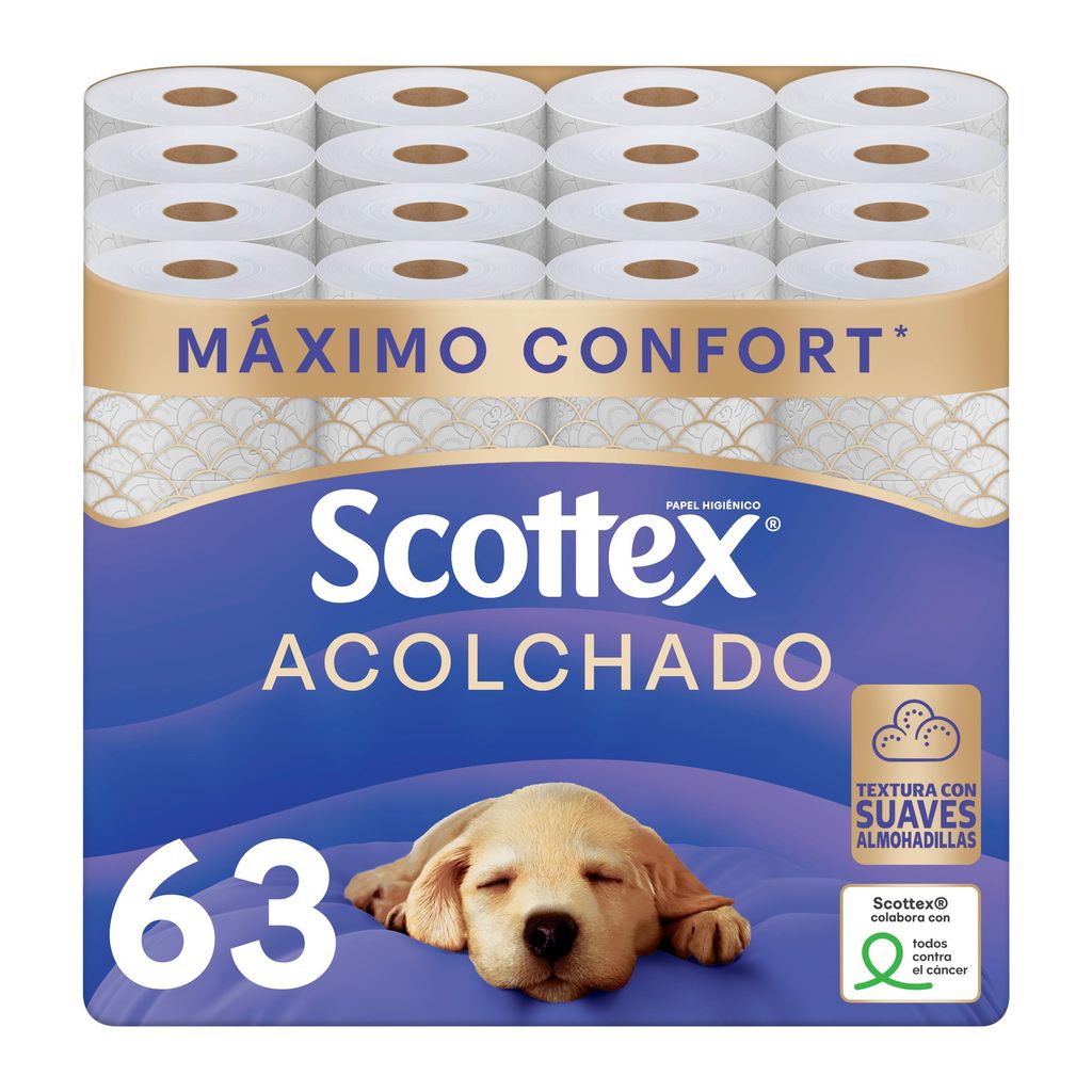 Scottex Acolchado Papel Higiénico 63 rollos con 3 capas, (Reembolso de 13,07€, En total 14,74€, Cada Rollo 0,23€)