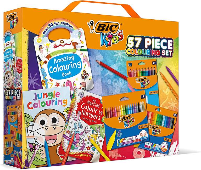 BIC Paquete de actividades para niños de 57 piezas con rotuladores de fieltro, lápices, lápices de colores y 3 libros para colorear