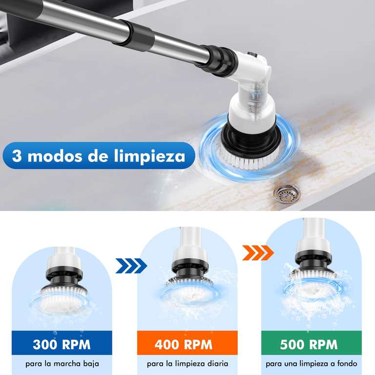 Cepillo Eléctrico De Limpieza Con 8 Cabezales - Fregadora Giratoria, 3 Velocidades, Mango Telescópico, Para Baño Y Cocina