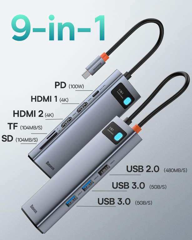 Baseus Docking Station USB C Dual HDMI, 9 en 1 Dual Monitor Adaptador con 2 HDMI 4K, Ethernet RJ45, 3 USB, PD 100W, Lector de Tarjetas SD/TF