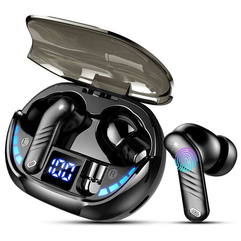 Auriculares Bluetooth 5.3 con HD Micrófono Reducción de Ruido, Pantalla LED, IP7 Impermeable Auriculares, Negro