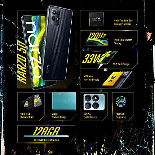 realme Narzo 50-4+128 GB Smartphone, Gran batería de 5000 mAh, Procesador Mediatek Helio G96, Pantalla ultra fluida de 120 Hz