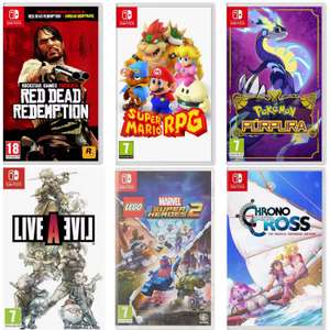 Juegos Nintendo Switch: Red Dead Redemption 38€, Super Mario RPG 47€, Pokemon Purpura 43€, Live a Live 36€, Chrono Cross 53€, Dentro mas