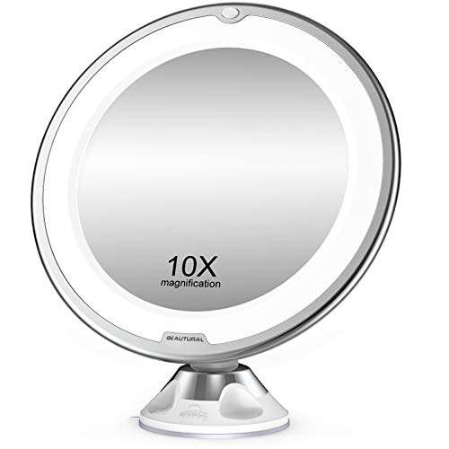 Espejo Aumento 10X de Baño, Espejo Maquillaje con luz LED, Giratorio y Ventosa de Pared, a Pilas(No Incluidas)