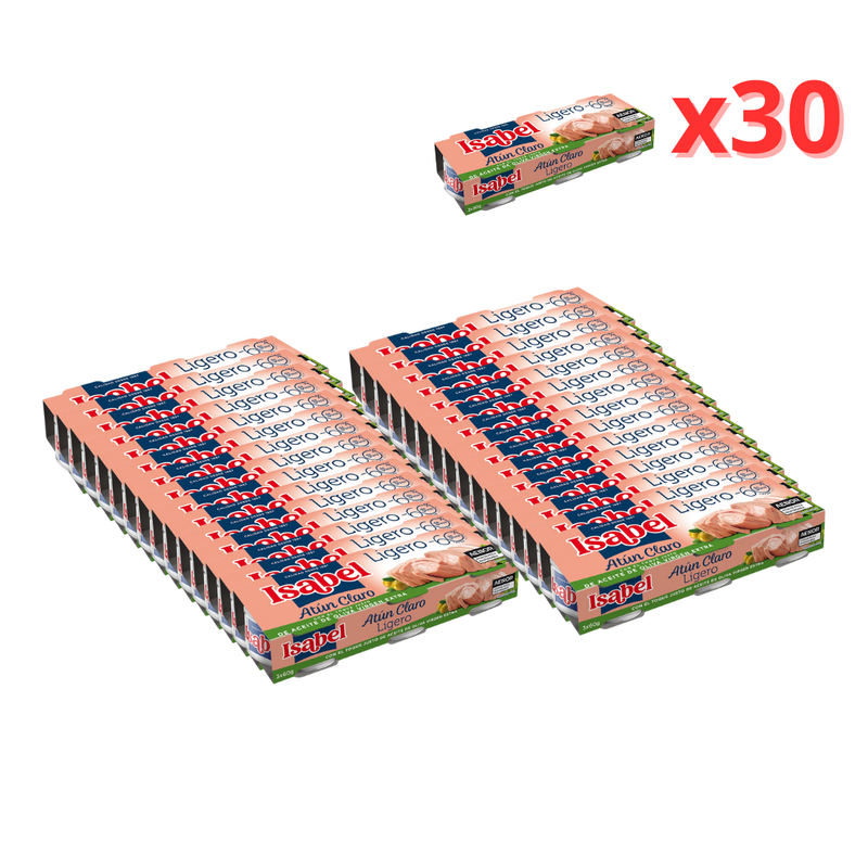 Pack Familiar 90 Latas Atún Claro Isabel en Aceite de Oliva Virgen Extra (5,4 kg total, 30x3x60g)