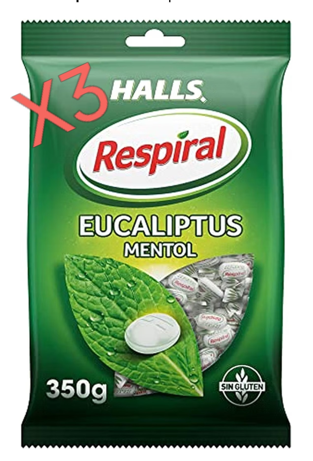 X3. Halls Respiral Caramelos Sabor Eucalipto y Mentol, Bolsa de 350 g Caramelos con sabor a eucalipto y mentol, perfectos para disfrutar.