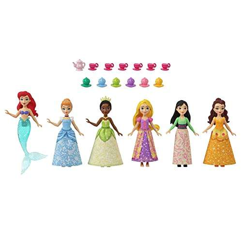 Disney Princess Minis Fiesta del té Pack 6 muñecas pequeñas con accesorios, juguete +3 años (Mattel HLW91)