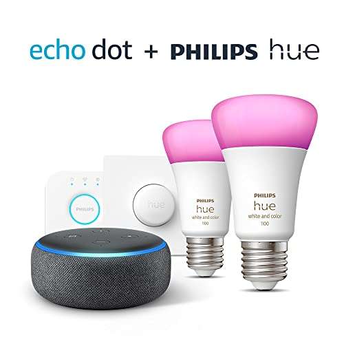 Echo Dot (3.ª generación + Philips Hue Colour Starter Kit (E27), compatible con Alexa - Kit de inicio de Hogar digital