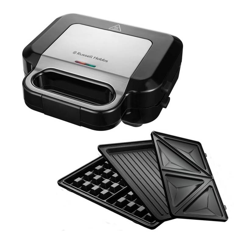 Russell Hobbs Sandwichera 3 en 1, modelo 26810-56, Placas para Gofres, Sándwiches y Grill, 750W, Acero Inoxidable y Negro