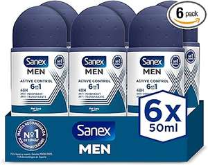Pack 6 Sanex Men Active Control Desodorante Roll-On para Hombre, 50 ml, 0% Alcohol
