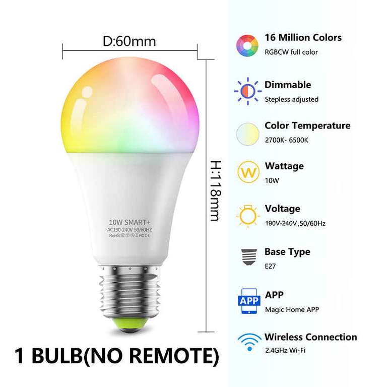 2x Bombilla inteligente RGB. LED regulables con WIFI, aplicación de Control remoto por voz con Alexa, Google Siri, E27, AC220V [3'78€/ud]
