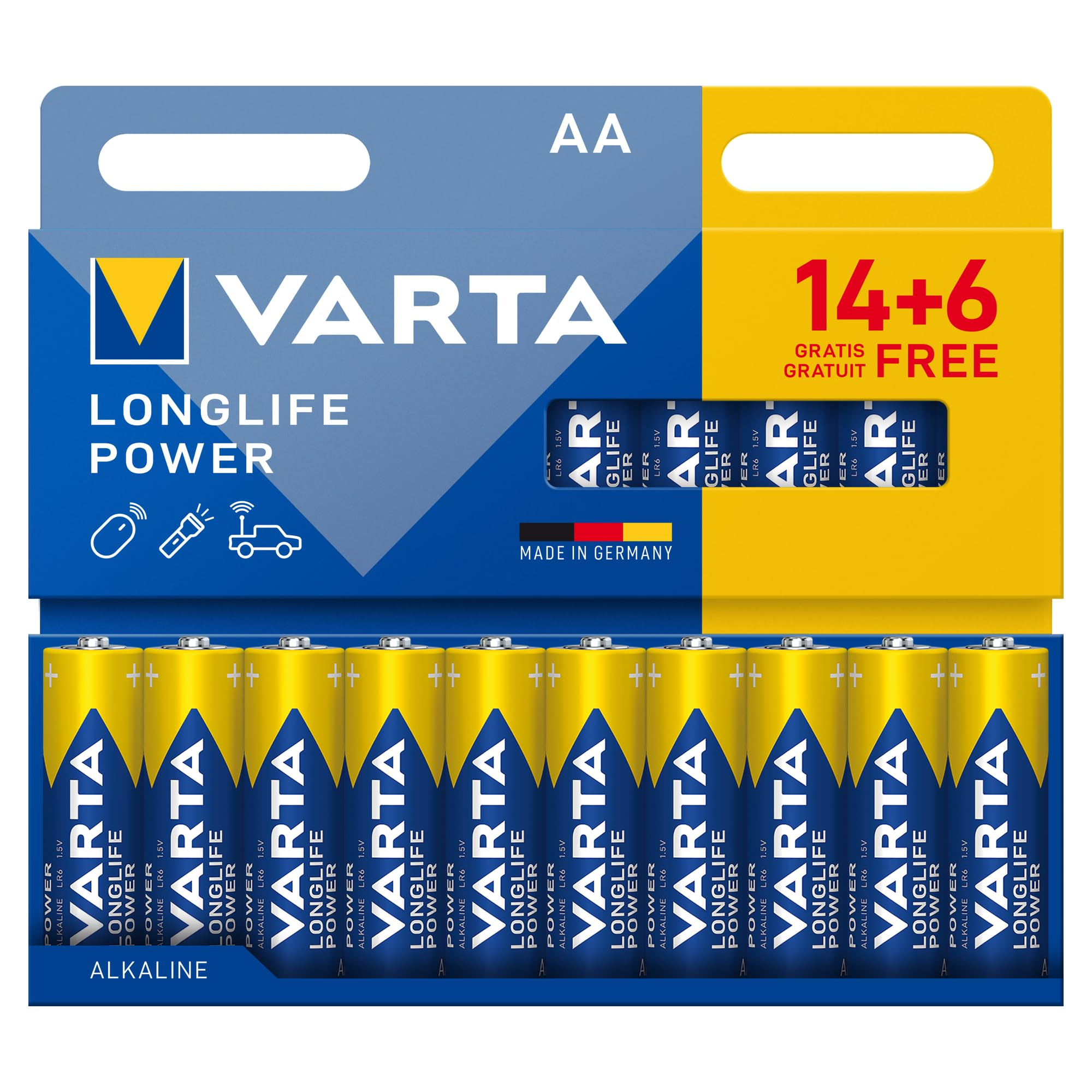 VARTA Pilas AA, Pack de 20 (14+6), Longlife Power, alcalinas, 1,5 V