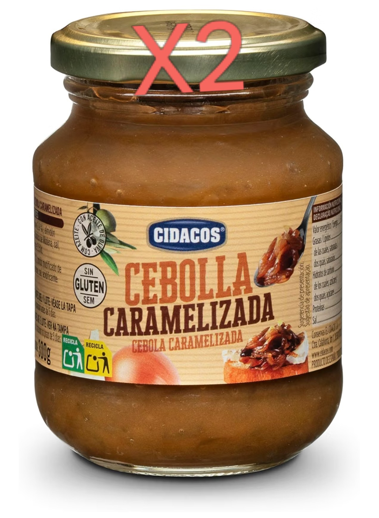 X2. Cidacos cebolla caramelizada sin gluten tarro 300g.