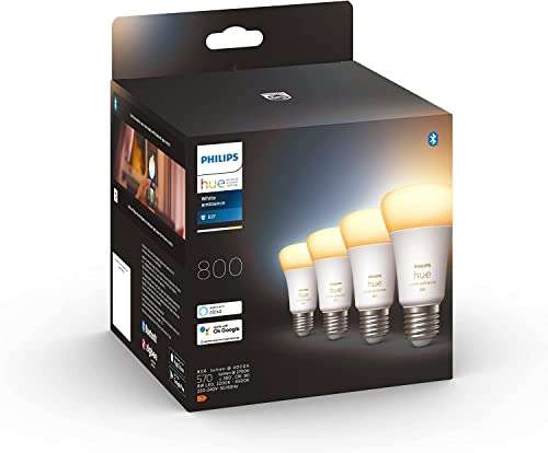 Philips Hue - A60 E27, Luz Blanca (EQ. 60W) 800 lúmens, Compatible con Alexa y Google Home - Pack de 4 Bombillas LED Inteligentes