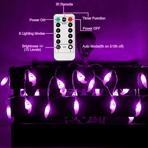 Guirnalda de luces de Halloween, 30 luces LED púrpura fantasma luces terribles temáticas para decoración de Halloween con mando a distancia