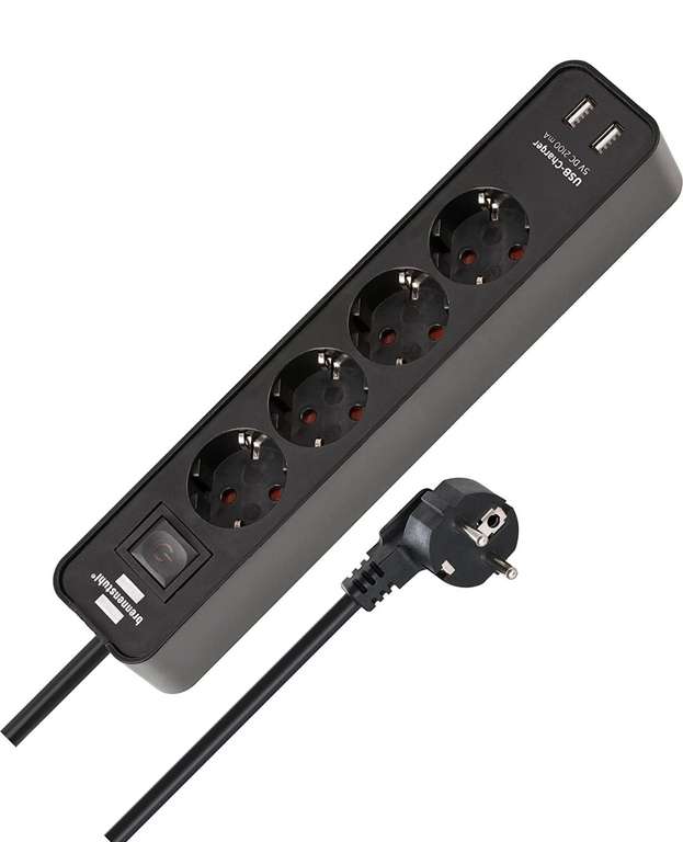 Brennenstuhl Ecolor regleta enchufes con 4 tomas de corriente y 2 puertos de Carga USB, interruptor, 1,5 m cable, negro.