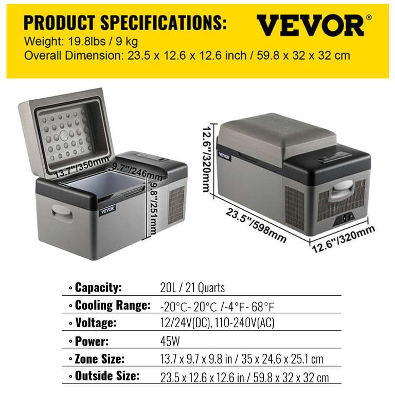 VEVOR-nevera portátil para coche, minicongelador de compresor, 12/24V CC, 110-240V, 20L