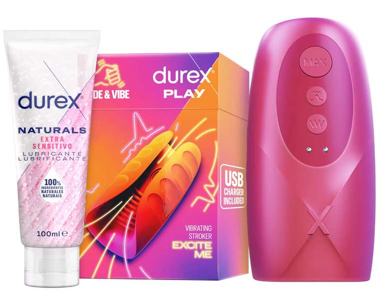 Durex - Masturbador de Pene, Vibrante y Suave, RIDE & VIBE + Lubricante Naturals Extra Sensitivo 100ml