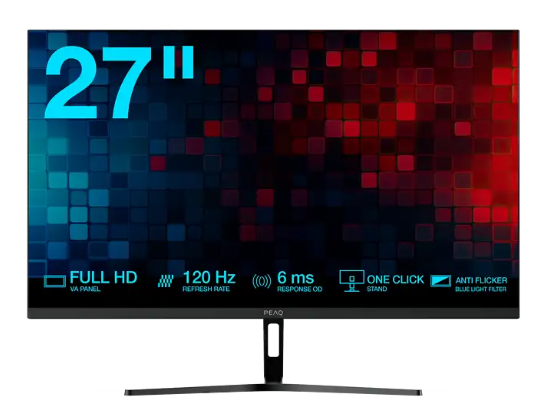 Monitor PEAQ PMO S275-VFC 27" Full HD (Panel VA, 75 Hz, AMD FreeSync, 6 ms, marcos ultrafinos, HDMI y VGA, negro, en MediaMarkt)