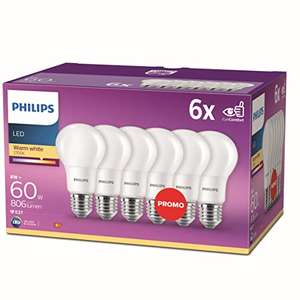 Philips Pack 6 Bombilla LED 60W, E27, luz blanca cálida, mate, no regulable