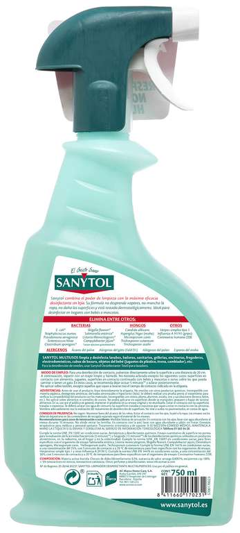 Sanytol - Limpiador Desinfectante Multiusos, Elimina Bacterias, Hongos y Virus Sin Lejía, Perfume Eucaliptus - Pack de 4 x 750 Ml = 3L