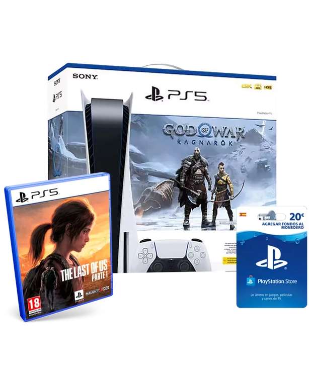 Consola PS5 God of War: Ragnarök + The Last of Us: Parte 1 + Tarjeta PSN 20€ + Base de Carga + 13€ de saldo