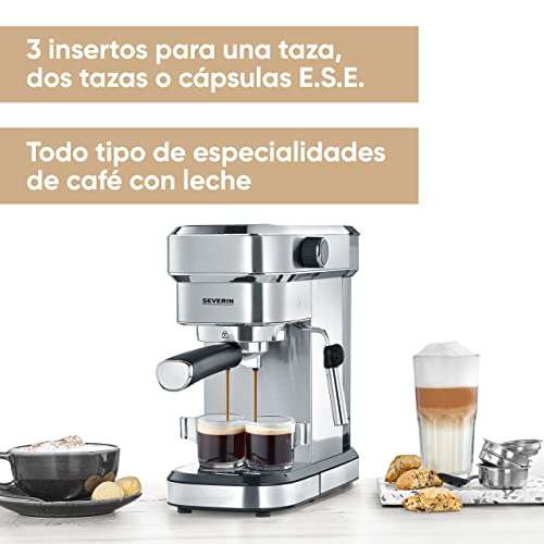 SEVERIN Cafetera de expreso Espresa, cafetera tradicional de filtro con 3 insertos, cafetera express con espumador para cafés especiales