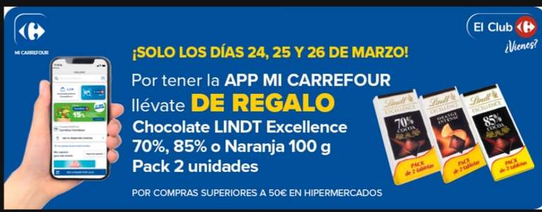 24,25 y 26 de marzo llevate dos tabletas de chocolate Lint gratis [ Compras superiores a 50 euros en hipermercados]