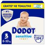 Dodot Pañales Bebé Sensitive Talla 3 (6-10 kg), 224 Pañales + 1 Pack de 40 Toallitas Gratis. Compra recurrente.