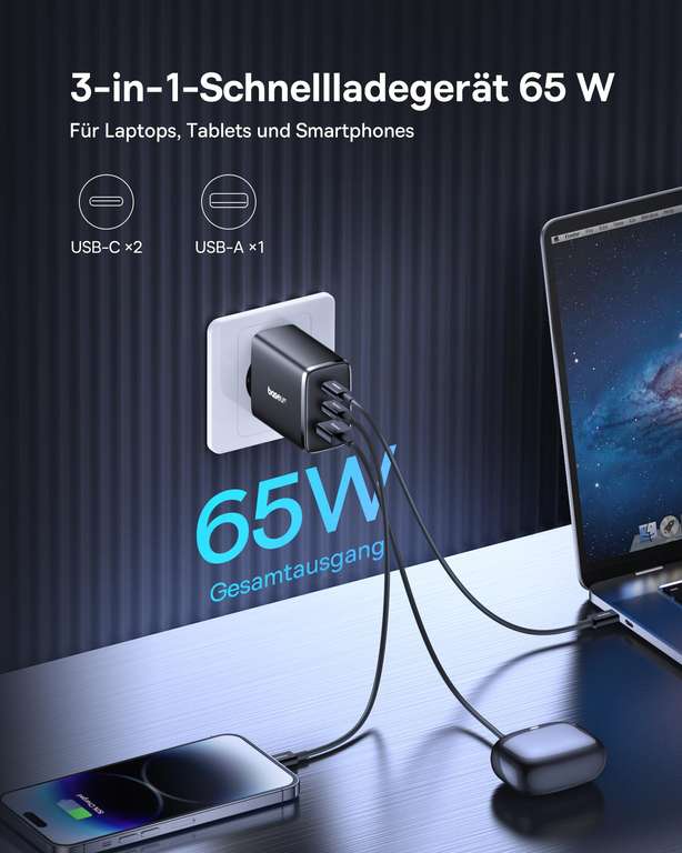 Samsung Cargador de pared de carga súper rápida de 3 puertos, 1 USB-C 65 W,  1 USB-C 25 W, 1 USB-A de 25 W, capacidad máxima de 65 W (cable no