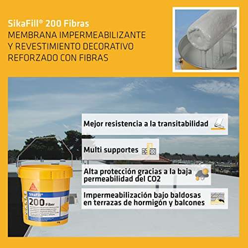 5Kg. SikaFill 200 Fibras, Blanco, Pintura acrílica con fibras de vidrio para impermabilización de cubiertas visitables y protección de pared