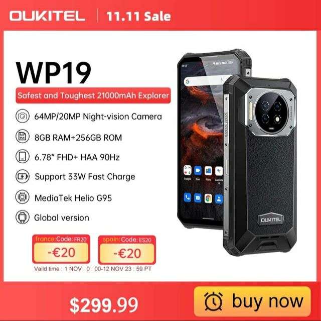 Oukitel-teléfono inteligente WP19 resistente, con visión nocturna, 21000 mAh, 8 GB, 256 GB, cámara de 64M, 90Hz, Helio G95
