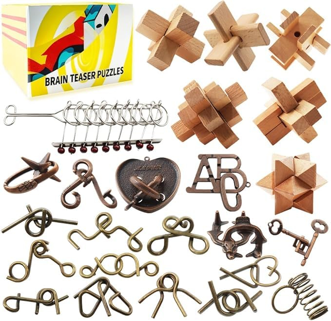 24 Rompecabezas de Metal y Madera para niños, adolescentes y adultos
